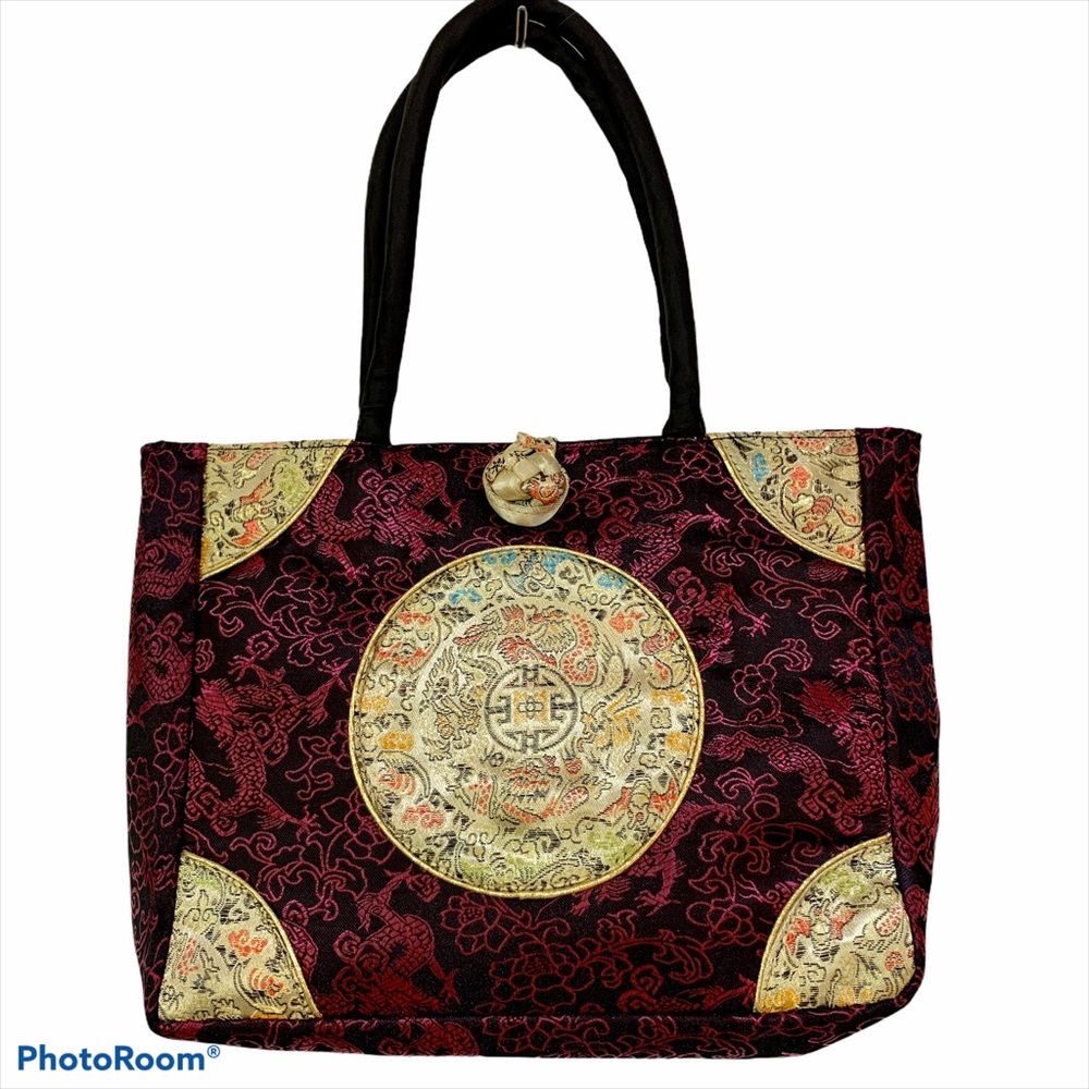 Satin Brocade Dragon Hand Bag Tote Black & Gold